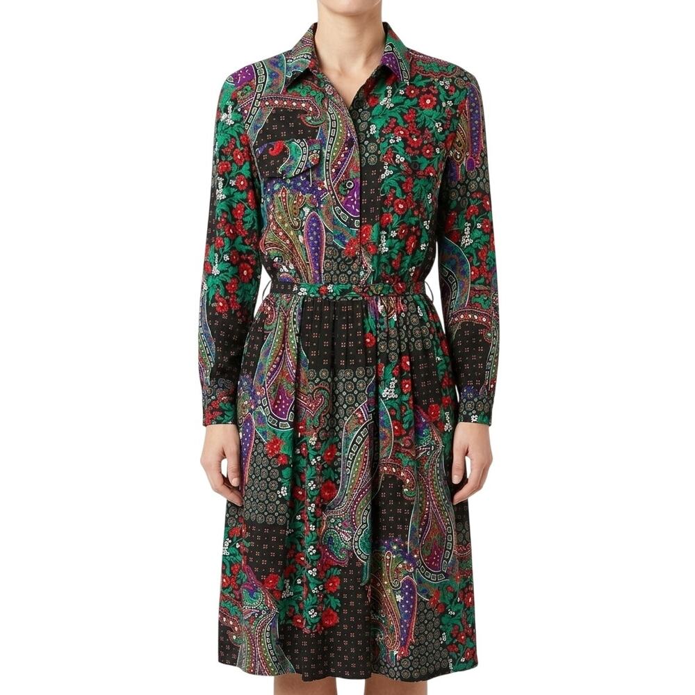 Vintage 80s Leslie Fay Paisley Floral Long Sleeve silk feel button Dress size 10